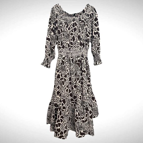 Adam Lippes Size 14 Smocked‎ Off Shoulder Midi Dress Brown Mixed Animal Print - Picture 7 of 13